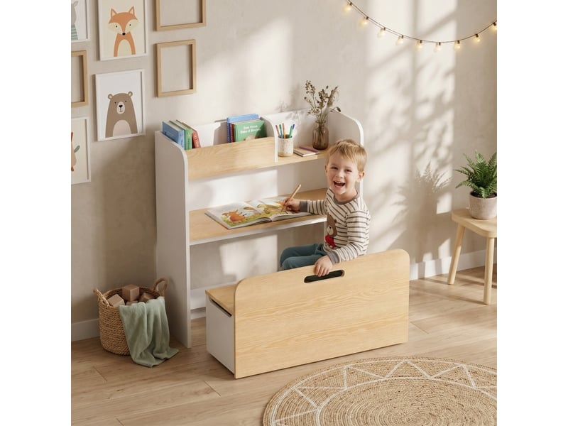  Ensemble bureau enfant 5-en-1 80x29x80 cm blanc en mdf, banc roulant et rangement pour 3 à 8 ans  - Conforama D