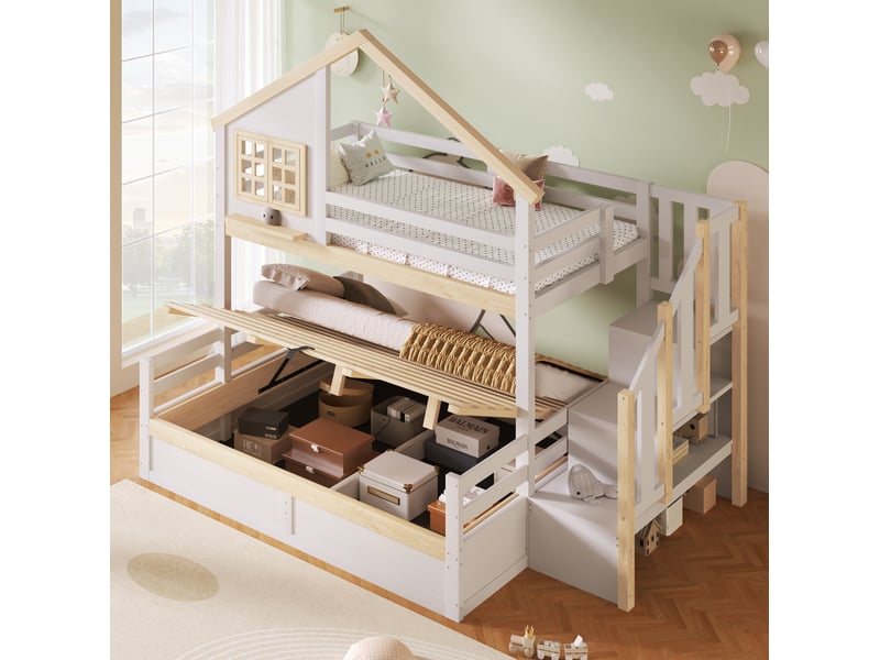  Lit superposé enfant 90x200 et 140x200 cm blanc et naturel avec rangement hydraulique  - Conforama B