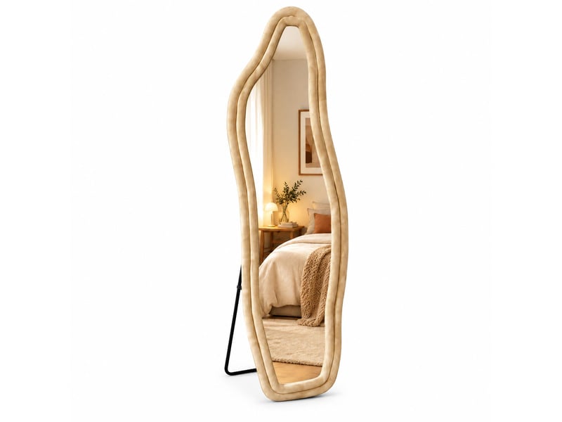 Miroir sur pied – forme organique irrégulière – cadre en velours – miroir en verre trempé haute définition - Conforama A