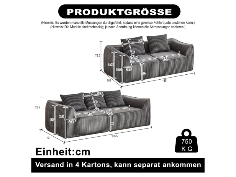  Canapé en velours côtelé, design minimaliste, lignes épurées, dossier incliné, 5 coussins inclus, salon moderne  - Conforama C