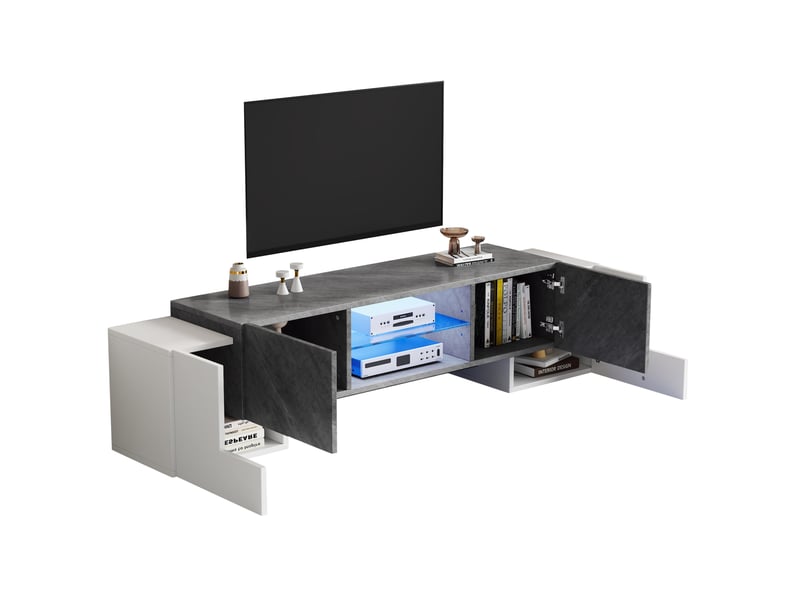  Meuble tv bas 180 x 40 x 46,5 cm avec led bluetooth, 4 portes, blanc et gris  - Conforama A