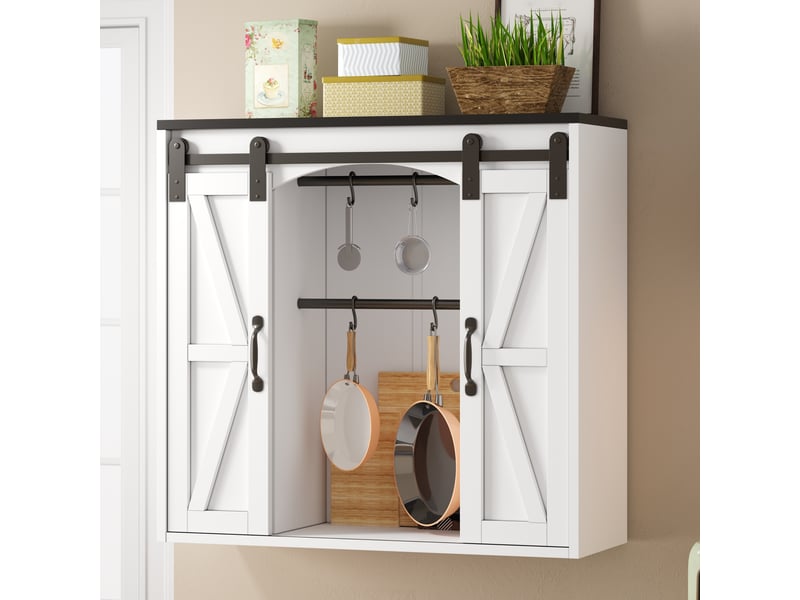  Buffet de cuisine - 80x31x76cm - meuble haut, armoire murale 2 portes coulissantes de grange, étagères &amp; crochets - blanc  - Conforama D