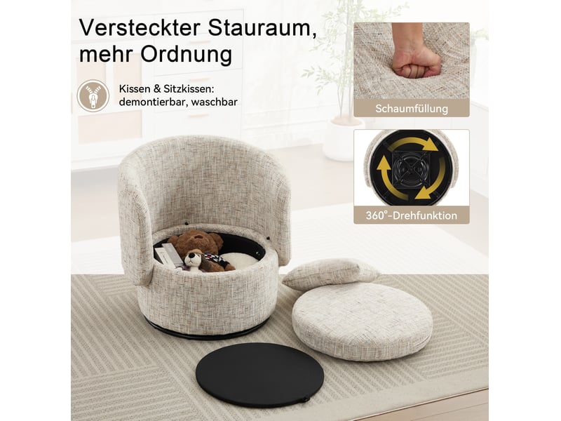  Fauteuil pivotant 360° 72x66,5x76 cm, rangement caché, coussin de dossier, bois et chenille ivoire  - Conforama E