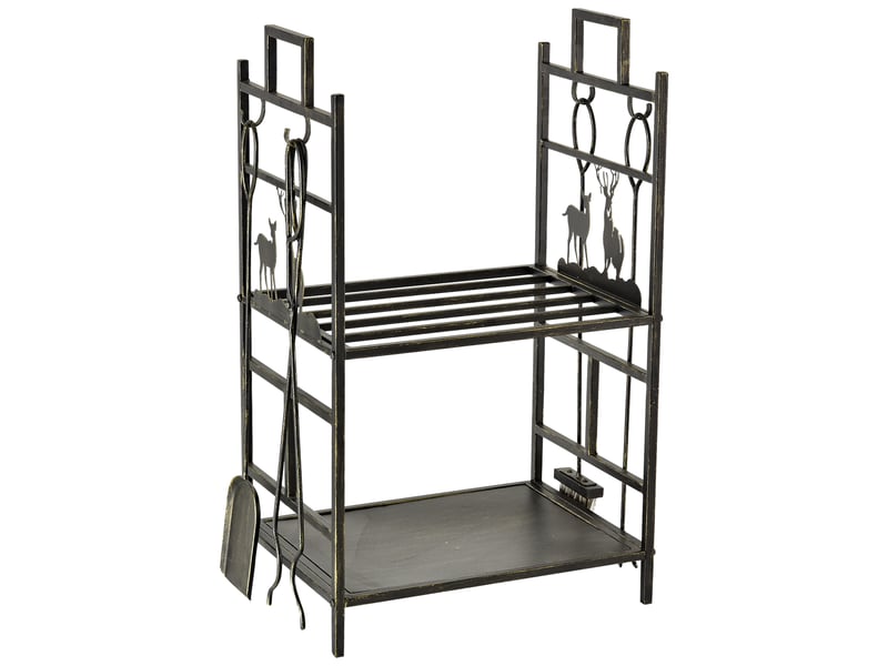 Serviteur de cheminée avec range-bûches, 2 étagères, motif cerf et 4 accessoires, métal noir doré - Conforama A