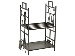 Serviteur de cheminée avec range-bûches, 2 étagères, motif cerf et 4 accessoires, métal noir doré