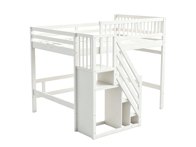 Lit mezzanine enfant 140x200 cm avec escalier à placards intégrés dans les marches, garde-corps haut et design gain de place, bois, blanc Morn Vibe - Conforama E
