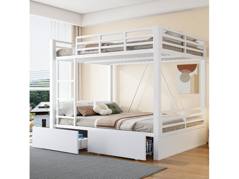  Lit superposé 140 × 200 cm avec 2 tiroirs, échelle et barrières de sécurité en métal blanc pour chambre enfant  - Conforama B