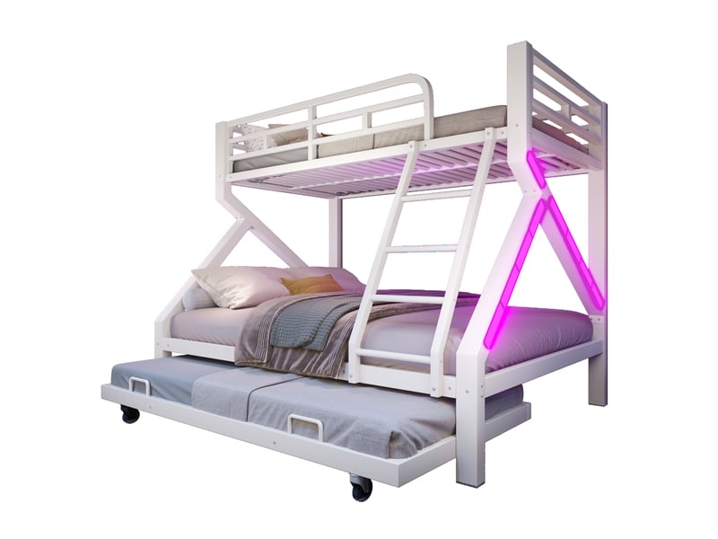 Lit superposé 90x200140x200 cm, 3 couchages avec lit gigogne 90x190 cm, led, garde-corps, échelle, structure métal et mdf blanc, gain de place - Conforama A