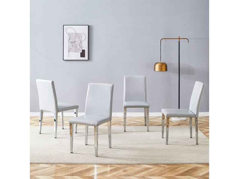Lot de 4 chaises de salle à manger gris clair en cuir pu avec pieds en métal argenté, design moderne - Conforama R