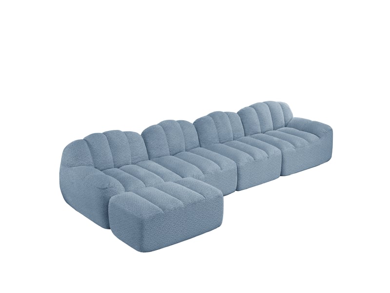  Canapé modulaire 4 places avec ottoman, forme coquillage, tissu bouclette bleu  - Conforama A