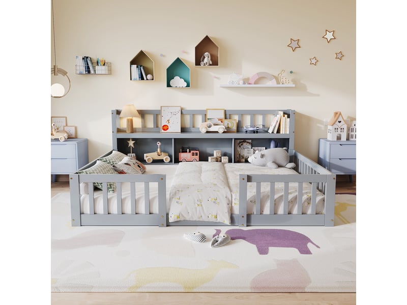  Lit enfant au sol 140x200 cm, lit montessori avec bibliothèque et barrière, lit double, bois, style scandinave moderne, gris  - Conforama D