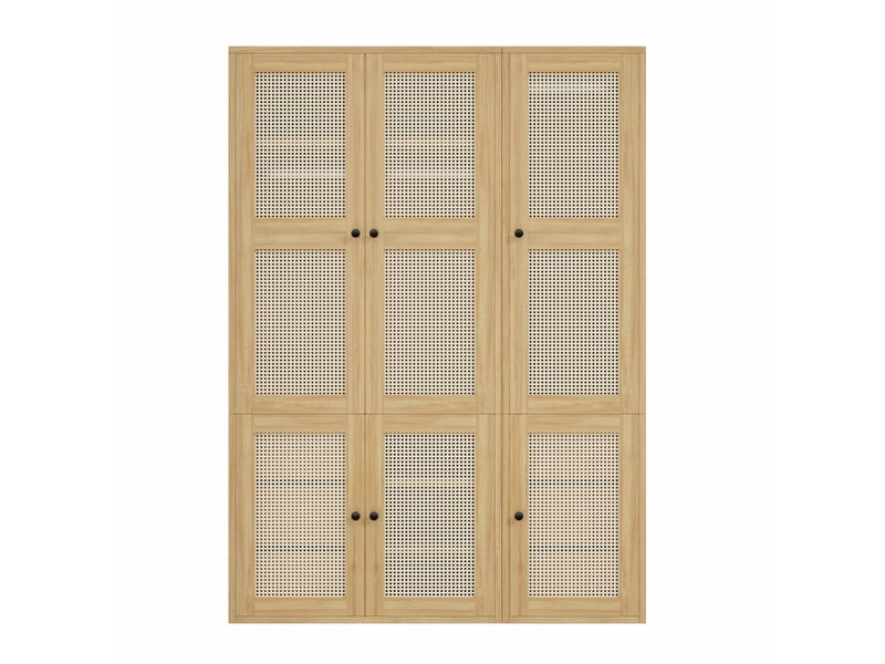  Armoire de chambre 135 x 47 x 200 cm, façade effet rotin, 6 tiroirs et 3 portes battante, 2 penderies, 4 étagères, chêne  - Conforama A