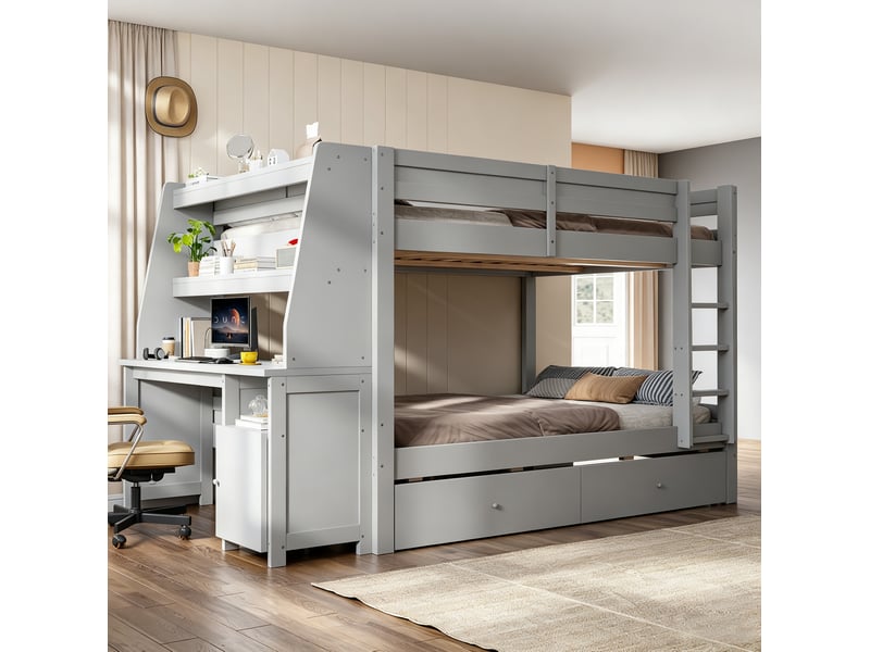 Lit superposé modenvie 140 x 200 cm avec bureau, rangements et 2 tiroirs, gris  - Conforama D