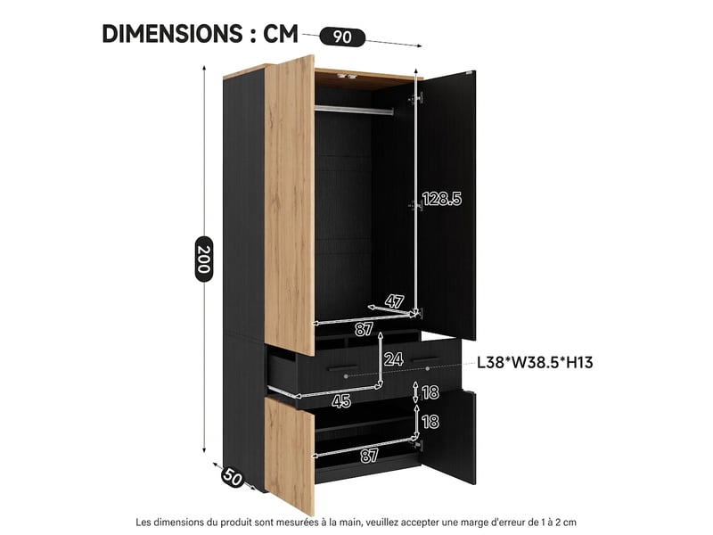  Armoire 3 portes avec miroir et éclairage led, 135x47x200 cm, 4 tiroirs, chêne  - Conforama W