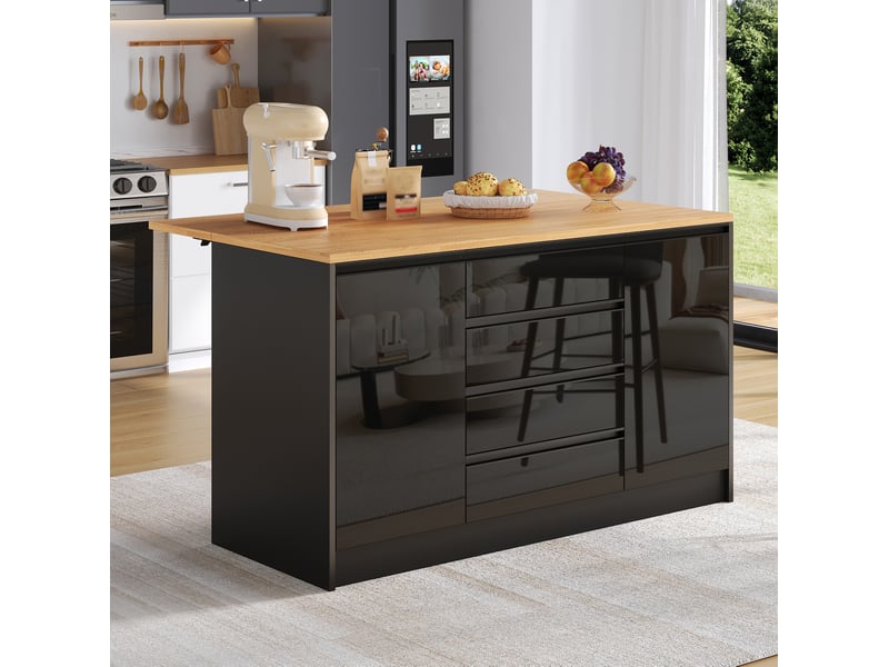  Îlot de cuisine avec 4 tiroirs, 2 placards et plateau extensible, finition brillante, noir et bois, 140 × 80 × 90 cm  - Conforama C
