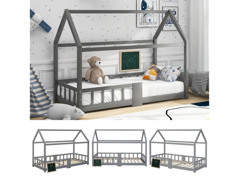  Lit cabane enfant 90x200 cm, avec tableau noir, garde-corps et sommier à lattes, structure en bois de pin, gris evarich - Conforama D