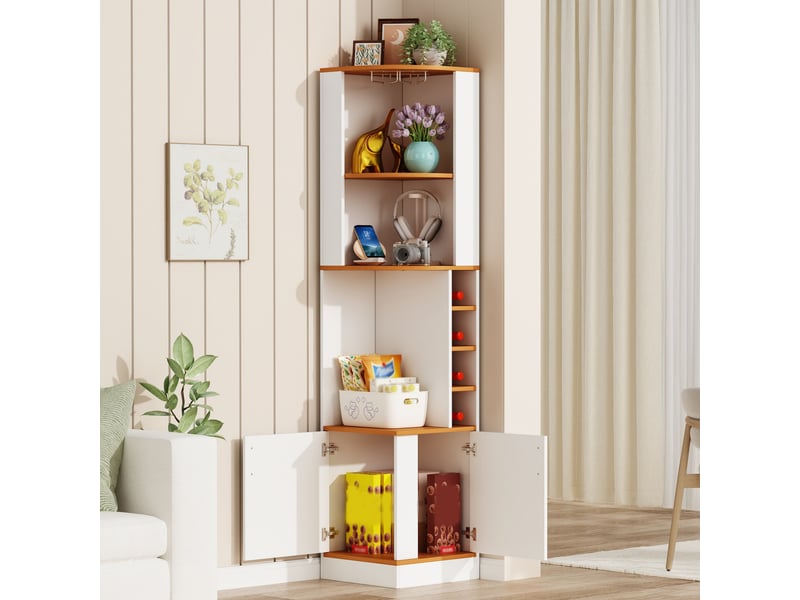Buffet de cuisine 2 portes 40x40x182 cm - meuble d'angle avec porte-bouteilles et rangement pour verres - blanc - Conforama B
