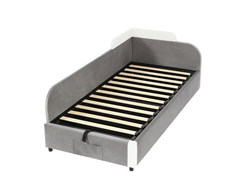  Lit coffre enfant 90x200cm, lit simple rembourré avec sommier relevable hydraulique et barrière de sécurité, velours et contreplaqué, gris  - Conforama D