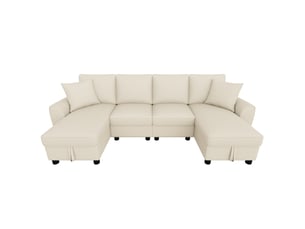 Canapé en u beige 4 places en chenille, canapé d’angle avec deux méridiennes et coffre de rangement, 280 x 137 x 84 cm