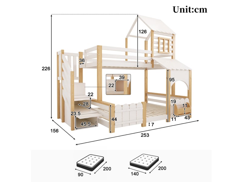 Lit superposé enfant cabane 90x200 et 140x200 cm avec escalier de rangement, blanc et bois - Conforama E