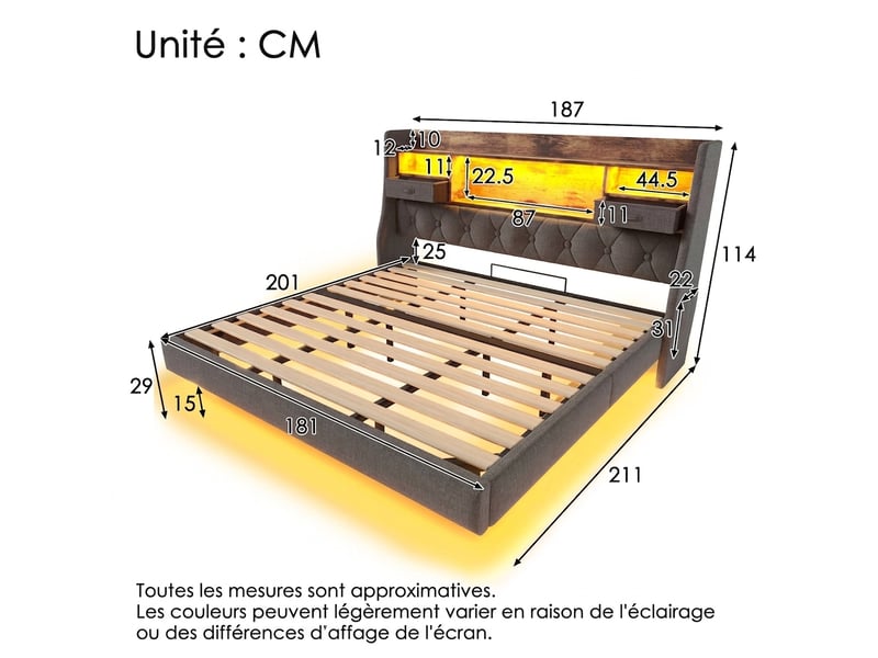 Lit double 180x200 flottant avec led et station de charge, rangement tête de lit, lin gris - Conforama D