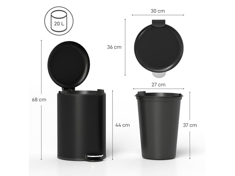  20-liter poubelle de cuisine, seau à déchets résistant aux empreintes digitales en métal avec couvercle à fermeture douce, pédale et seau amovible, noir  - Conforama C