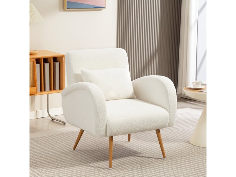  Fauteuil relax en fleece avec coussin lombaire et larges accoudoirs, pieds métalliques, métal blanc crème  - Conforama B