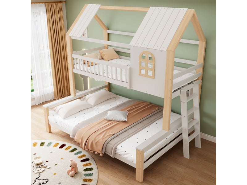  Lit superposé 3 places 90 x 200 et 140 x 200 cm avec échelle large, lit cabane en bois blanc naturel avec garde-corps et sommier à lattes  - Conforama C