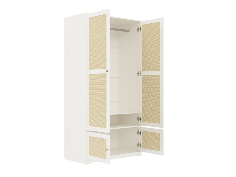  Armoire 2 portes en mdf blanc avec penderie et étagères, style rotin, rangement chambre  - Conforama D
