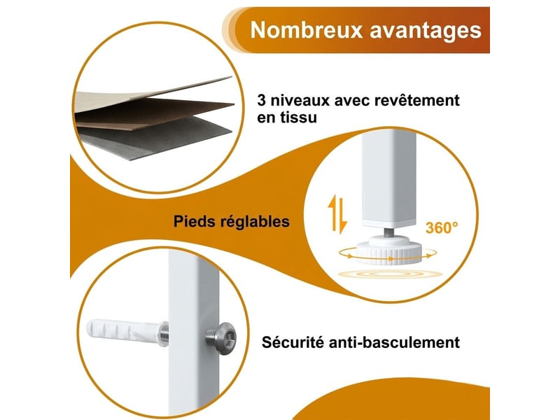  Chiffonnier meuble 100x30x76 cm huit tiroirs tissu kaki et metal blanc chambre  - Conforama C