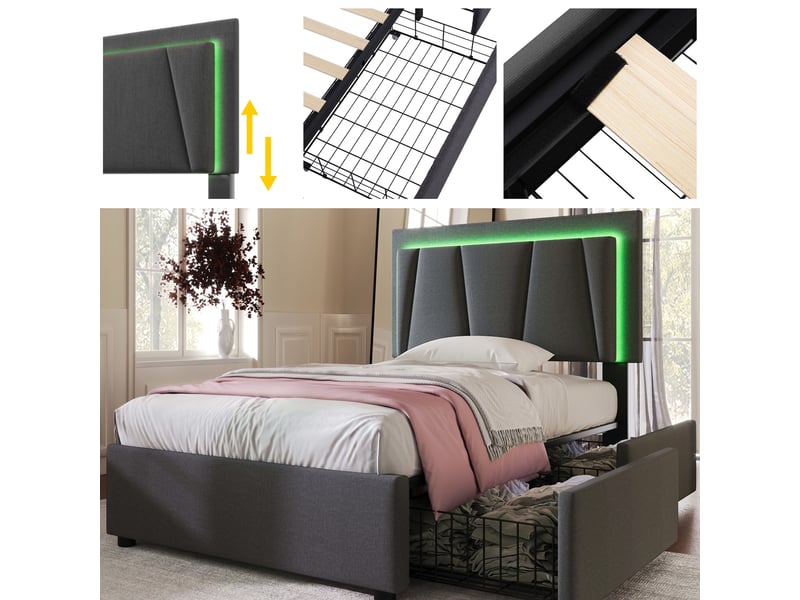 Lit 1 personne 90x200 cm avec tête de lit réglable en hauteur, cadre de lit avec led et 2 tiroirs, gris, lit enfant avec matelas  - Conforama R