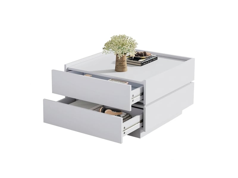  Table basse pivotante 360 avec 2 tiroirs, table basse carrée 60x60 cm en panneaux de particules, table de salon blanche  - Conforama A