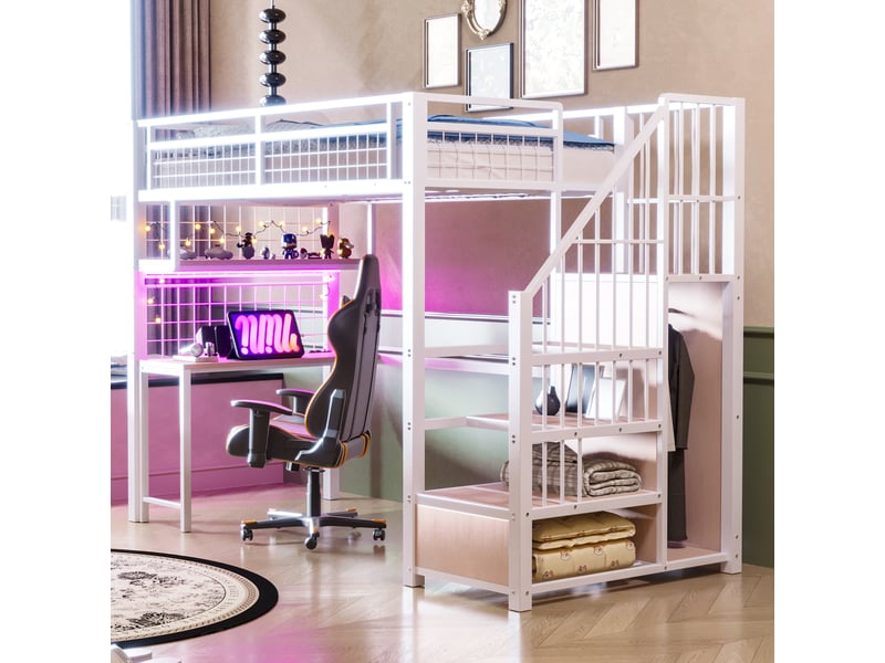 Lit mezzanine 90x200 cm avec bureau, rangements, led et prises coloris blanc - Conforama B