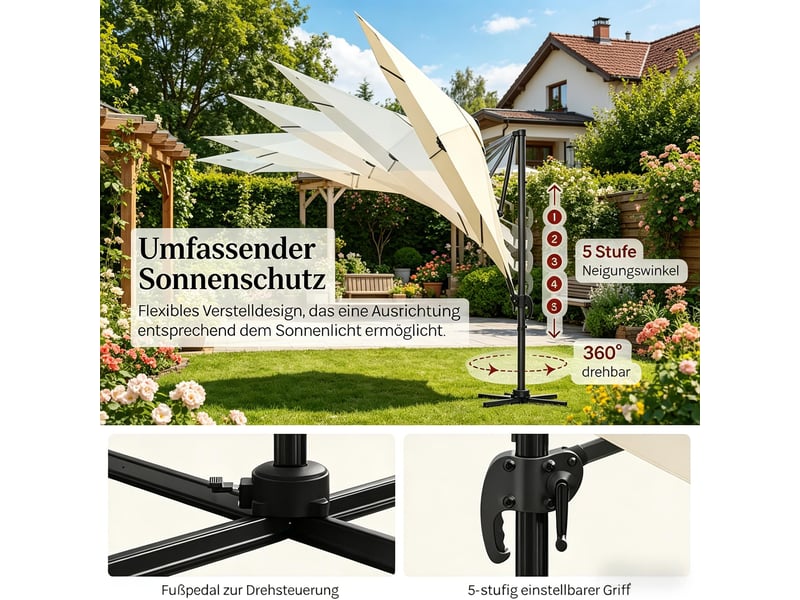 Parasol rond de balcon et jardin avec base en acier en croix, extérieur - Conforama D