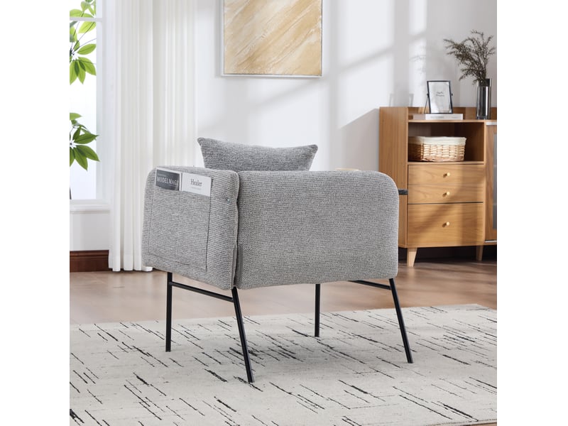  Fauteuil en chenille avec table d’appoint intégrée, poches latérales et dossier incurvé gris, 86 × 72 × 71 cm  - Conforama C