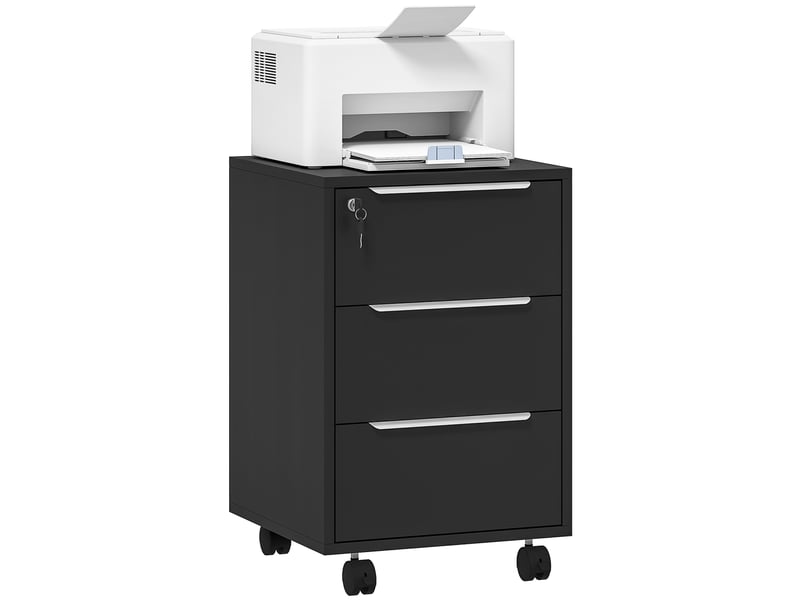  Caisson de bureau à roulettes avec 3 tiroirs et serrure, meuble rangement bureau sur roulettes, 40 x 40 x 63,5 cm, noir  - Conforama A