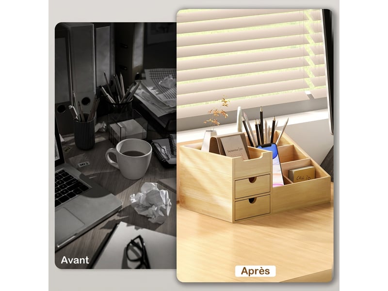  Boite de rangement de bureau - organiseur de bureau - 7 compartiments, 2 tiroirs - bambou verni, bambou  - Conforama D