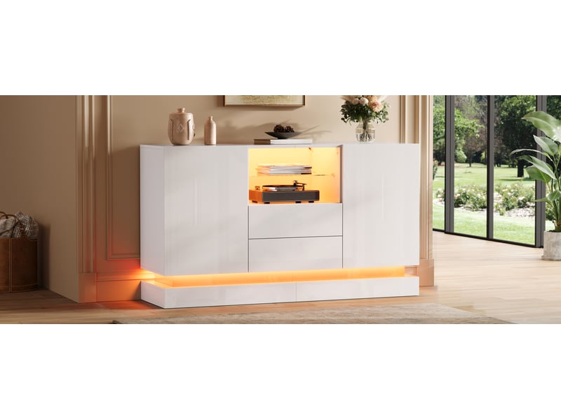  Buffet led, 2 portes et 2 tiroirs, niche à tablette en verre, commande par application, 140 × 40 × 80 cm, blanc brillant  - Conforama B