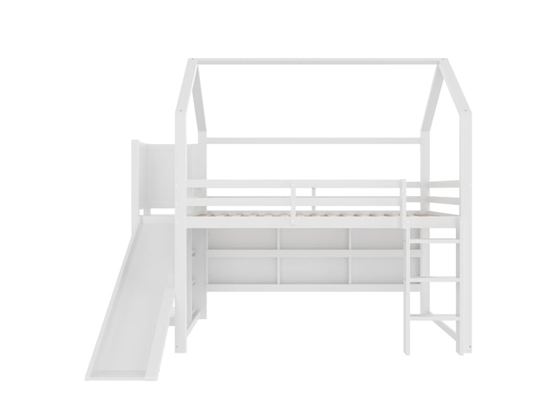 Lit mezzanine blanc 90 × 200 cm, forme maison, led, étagères et garde-corps - Conforama A