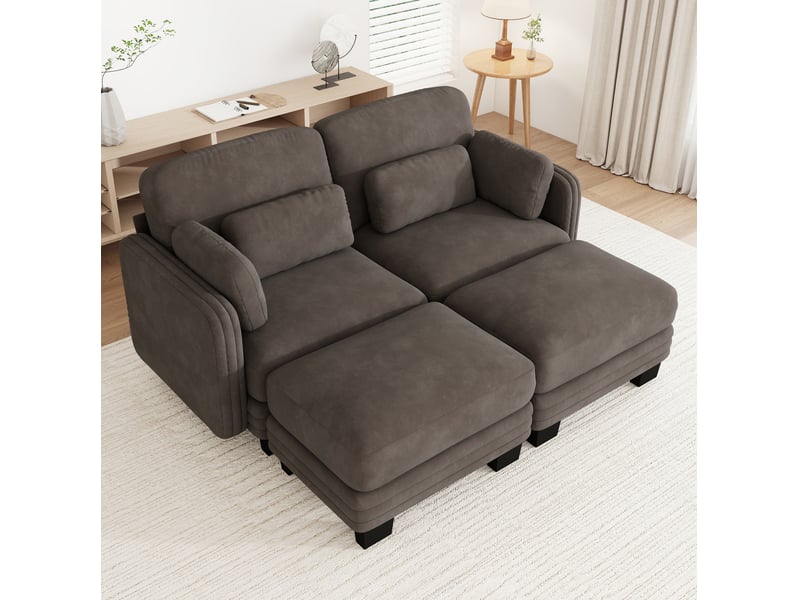  Canapé droit 2 places modulable en chenille marron avec 2 ottomanes  - Conforama B