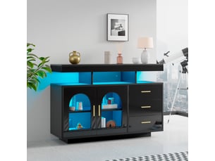 Buffet de salon 140x40x65 cm, commode moderne avec bandeau lumineux led, meuble de rangement avec 3 compartiments et 4 portes