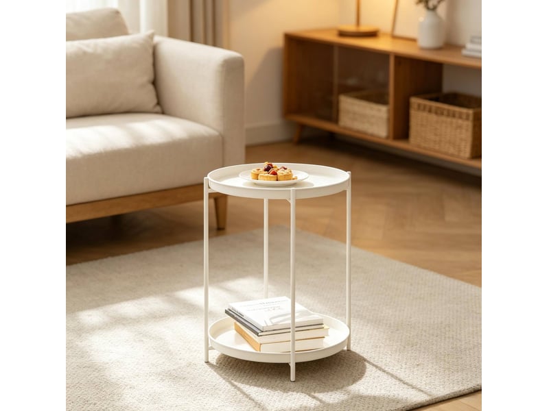  Table d'appoint 44x44x53 cm, 2 plateaux mobiles, table de salon, table appoint salon, pour intérieur, en métal, blanc  - Conforama E