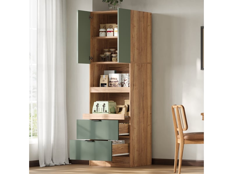  Armoire de cuisine garde-manger 59,5x45x200 cm - 2 tiroirs - plateaux coulissants - fixation antibasculement - mdf - vert  - Conforama E