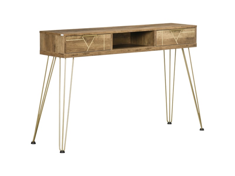  Console d'entrée avec 2 tiroirs, une étagère ouverte et des pieds en acier, 120 x 29 x 79 cm, bois et bronze  - Conforama B