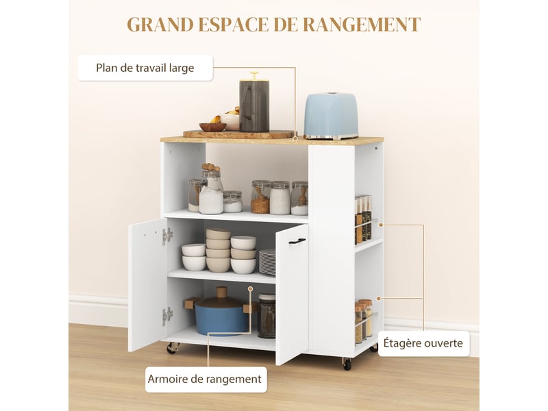  Desserte de cuisine à roulettes avec placard et étagères blanc 75 x 40 x 80,5 cm  - Conforama D
