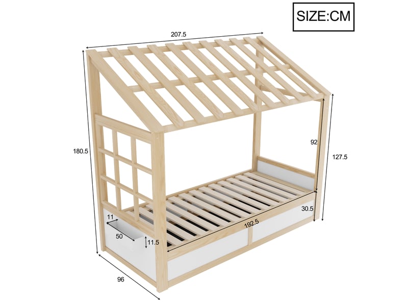  Lit cabane enfant modenvie 90 x 200 cm avec toit, fenêtre et rangement hydraulique, bois, blanc et naturel  - Conforama C