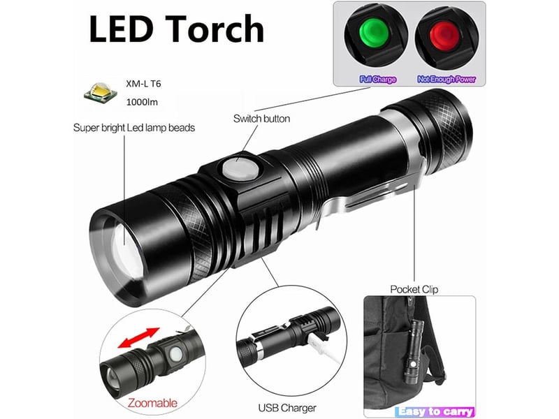 Lampe torche, lampe de poche 1000lumens lampe torche led rechargeable usb, 4 modes eclairage, ipx4 étanche, lampe de poche zoomable pour camping, rand - Conforama B