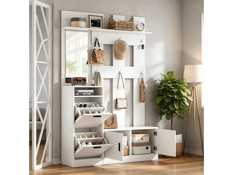  Vestiaire d'entrée complet, porte-manteau avec meuble à chaussures et miroir intégré, avec 6 patères et étagères de rangement, blanc  - Conforama C