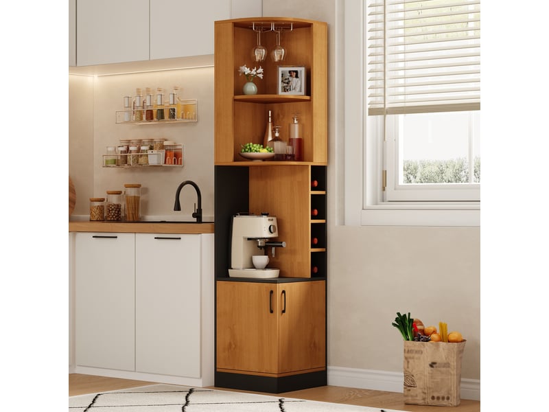  Meuble bar d'angle 182cm armoire à vin avec porte-verres rangement cuisine salon mdf naturel 40x40cm  - Conforama B