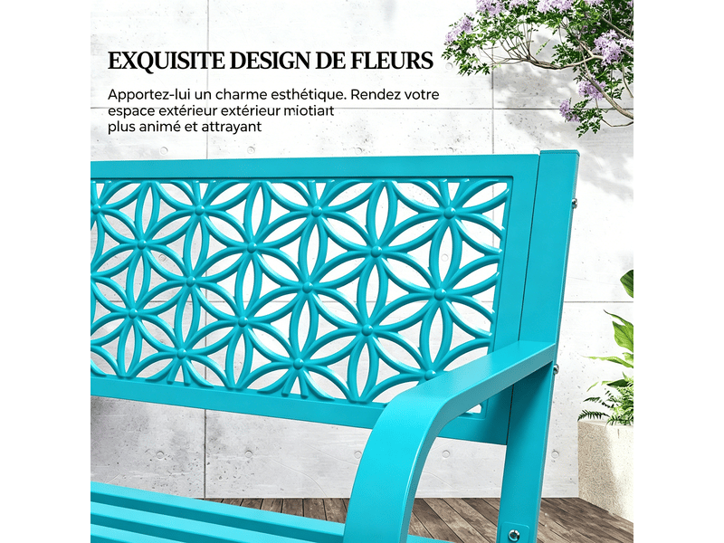 Banc de jardin en métal, banc de parc en fer, résistant 250 kg, intempéries, pour balcon, jardin, terrasse, 127×61×84cm, bleu  - Conforama D